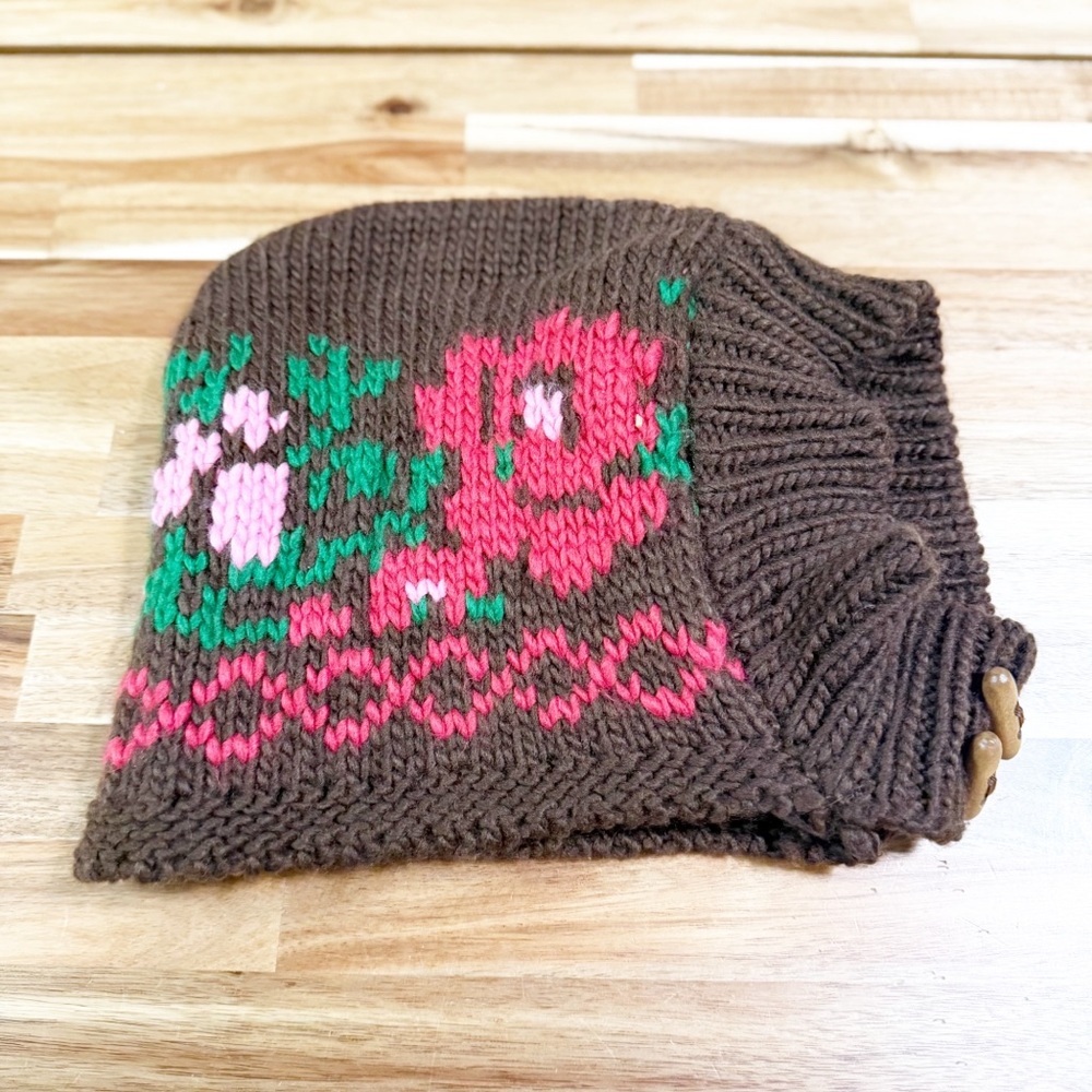 Free People Rose Frost Hood Floral Chunky Knit Balaclava Hood Hat w/ Buttons - Picture 7 of 7